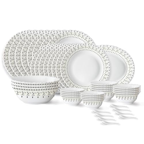 Larah by Borosil Ora Gold Fluted Series Opalware Dinner Set | 44 Pieces for Family of 8 | Microwave & Dishwasher Safe | Bone-Ash Free | Crockery Set for Dining & Gifting | Plates & Bowls | White