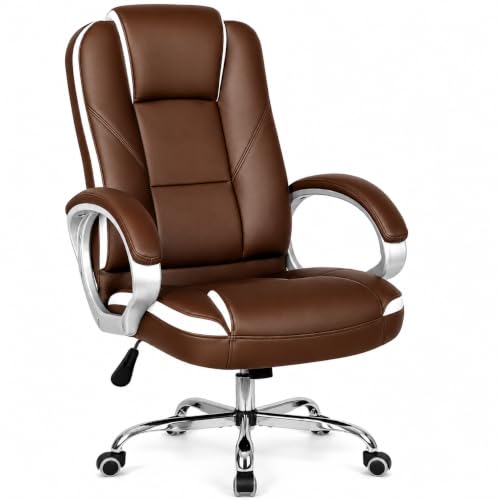 Oakcraft Premium Ergonomic Office Chair – Adjustable Swivel Desk Chair with Lumbar Support & PU Leather Upholstery (Brown White, High Back)
