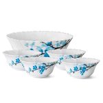 Larah by Borosil Mimosa Fluted Series Opalware 5 Pcs Pudding Set | Microwave & Dishwasher Safe | Bone-Ash Free | Crockery Set For Dining & Gifting | Bowls Set | White