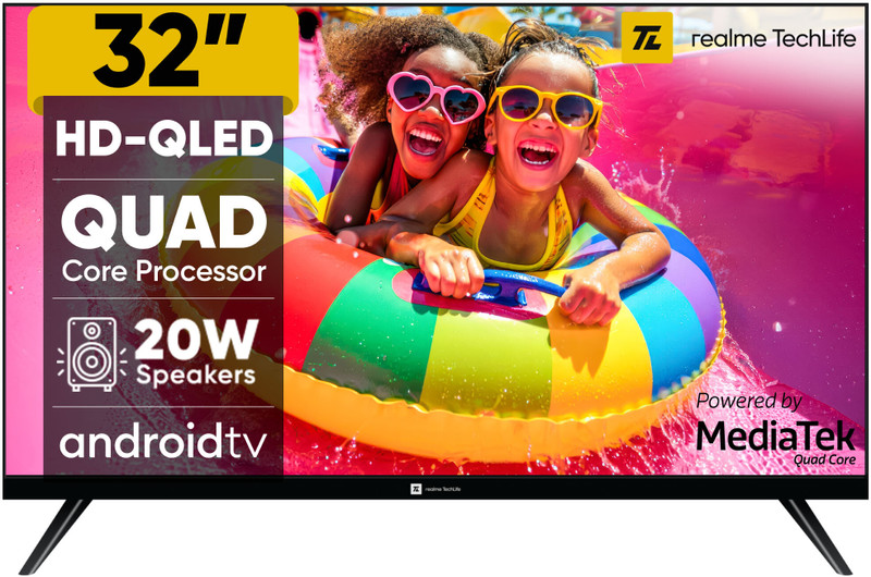 realme TechLife 80 cm (32 inch) QLED HD Ready Smart Android TV with Thunder OS, Live TV, Netflix, 100+ Apps, 20W Speakers, 300 Nits Brightness, Bezel-less Design(32HDSQRWWTQ)