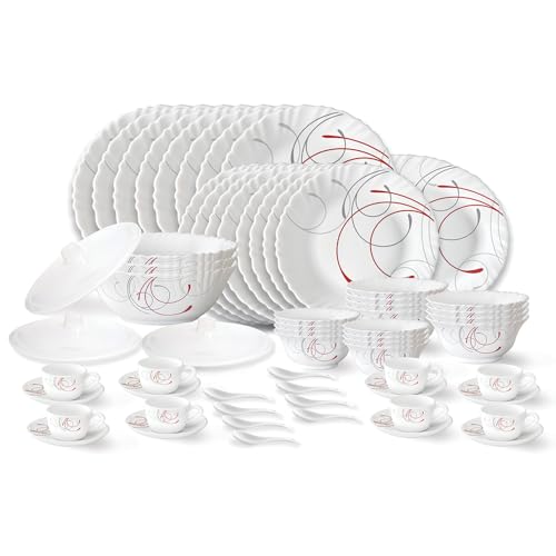 Larah by Borosil Boro Fluted Series Opalware Dinner Set | 63 Pieces for Family of 8 | Microwave & Dishwasher Safe | Bone-Ash Free | Crockery Set for Dining & Gifting | Plates & Bowls | White