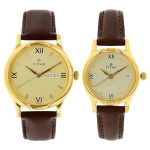 Titan Bandhan Quartz Analog With Day & Date Champagne Dial Brown Leather Strap Couple Watch – NT15802490YL05