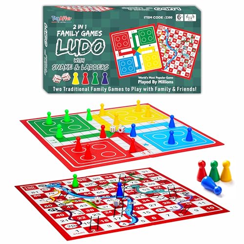 ToyAffair 2 in 1 Ludo with Snakes and Ladders Board Game Double Sided (38 x 38 cm) Family Board Game for Kids and Adults Age 6+ 2-4 Players Classic Indoor Strategy and Party Game