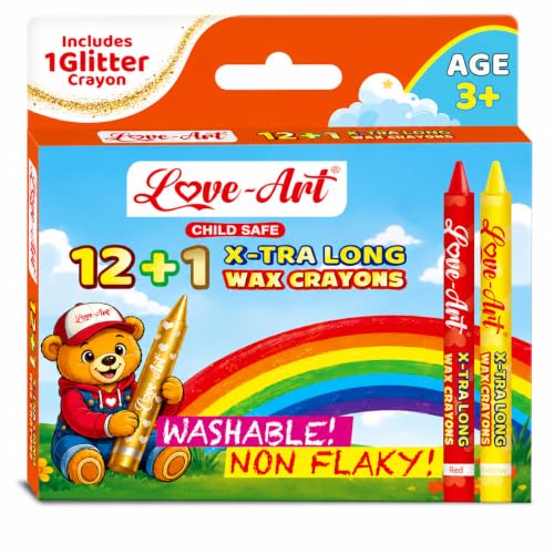 Love-Art 12+1 X-TRA Long Wax Crayons for Kids | Extra Long, Ultra Smooth & Vibrant Colour Crayons | Non-Flaky, Washable Wax Colours for Drawing, Colouring, Art & School