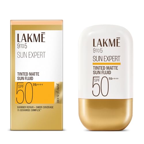 Lakme Sun Expert Tinted Dry Matte Sunscreen Fluid SPF 50+ PA++++ | 1% Ceramide Complex for Skin Barrier Repair | Sheer Coverage Foundation Like Finish – Beige (50ml)