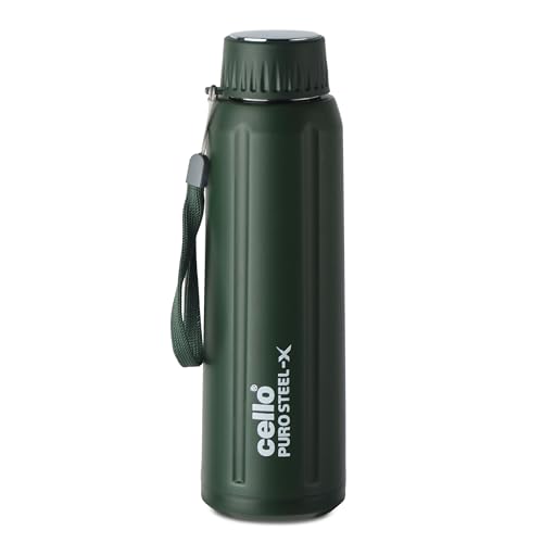 Cello Puro Steel X Spike 900 Water Bottle | Leak Proof & Refrigerator Safe | PU Insulated | Wide Mouth Opening | Keeps Content Cold for Long Hours | 730ml, Military Green