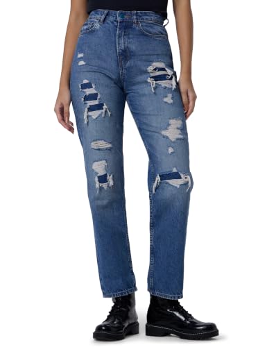 Spykar Women Mid Blue Cotton Straight Fit Regular Length Highly Distressed Jeans -(Bella)