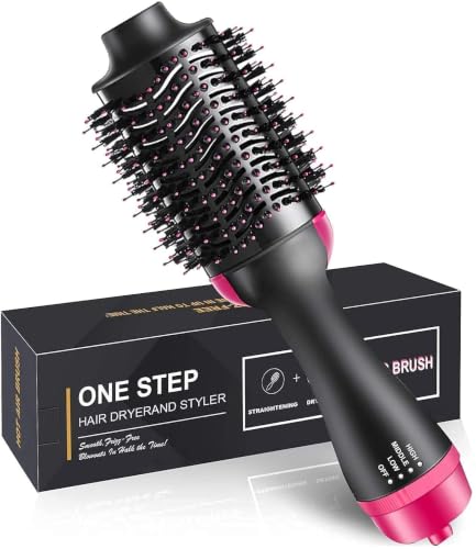 One Step Hair Dryer Brush – Hot Air Brush Hair Dryer & Volumizer | Heat Settings | Hair Straightener & Styler Brush for Fast Drying, Smoothening & Salon Blowout | Black & Pink