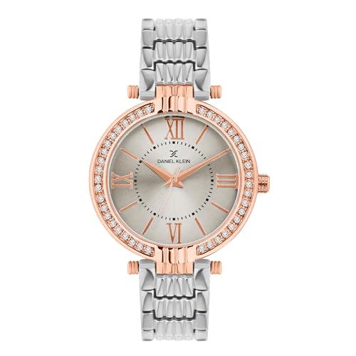 Daniel Klein Analog Silver Round Dial Silver Metal Strap Stone-Studded Water-Resistant Wrist Watch for Women Girls, Ladies DK11138-8