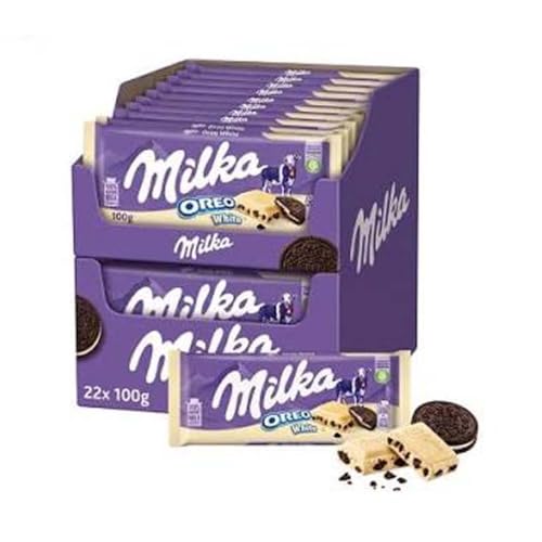 Milka Oreo White Chocolate Bar, 100g – Smooth Alpine Milk Chocolate with Crunchy Oreo Cookie Pieces