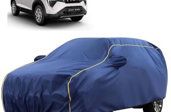 Sulfar 100% Water Resistant Car Body Cover Compatible with Mirror for Mahindra XUV 3XO (Triple Stitched, Full Bottom Elastic, Blue Tafetta with Yellow Piping)