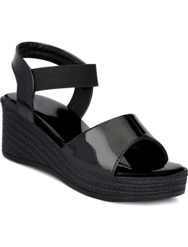 WUGATTI Women’s Black Synthetic Slip-On Comfortable, Trendy & Casual Wedges Sandal 7