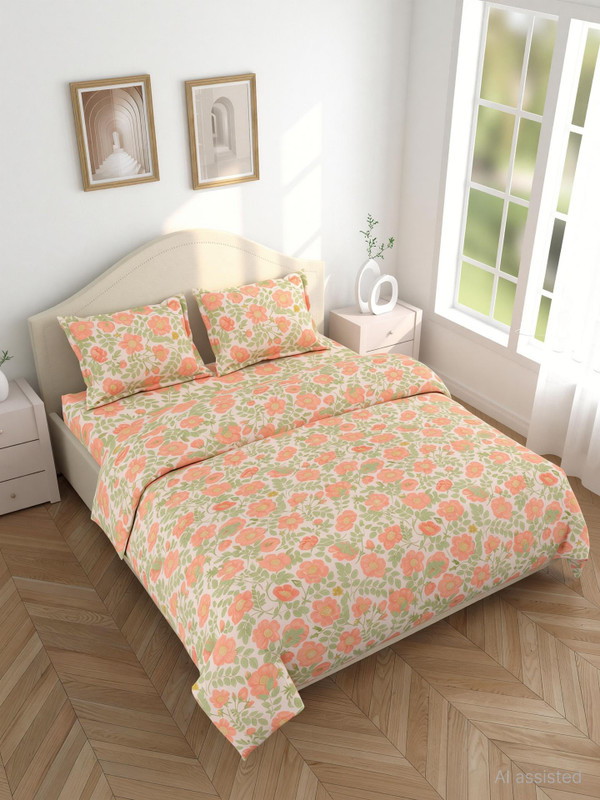 haus & kinder Microfiber Double Flat 200 TC Printed 1 Bedsheet with 2 Pillow Covers(Blue Beige)
