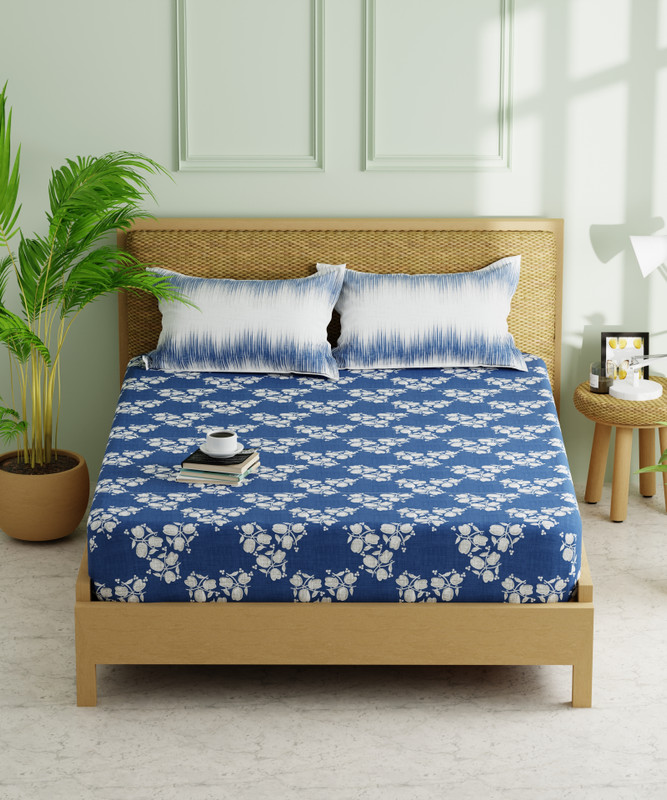 Kopa Microfiber Double Fitted (Elastic) 152 TC Floral 1 Bedsheet with 2 Pillow Covers(Blue)