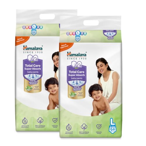 Himalaya Total Care Super Absorb Baby Pants Diaper | Size L (Large) 128 Count | Pack of 2 | 9-14 kg | Breathable & Rapid Zig Zag Absorption | Keeps Skin Calm & Rash Free