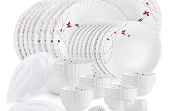 Cello Opalware Dazzle Series Lush Fiesta Dinner Set, 49Pcs | Opal Glass Dinner Set for 8 | Light-Weight, Daily Use Crockery Set for Dining | White Plate and Bowl Set
