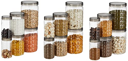 Amazon Brand – Solimo Checkered Jar Container, Set of 18 (6 x 250 ml Each, 6 x 500 ml Each, 6 x 1000 ml Each), Black | Kitchen Organiser | BPA Free | Stackable