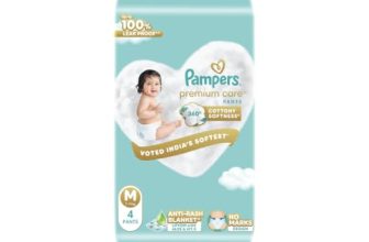 Pampers Premium Care Pant Style Baby Diapers M 4 Count | No Marks Design | Voted India’s #1 Softest Diaper | All in 1 diaper with 360 Cottony Softness