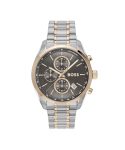 BOSS Grand Prix 44 Qtz Fashion Chrono Grey Round Dial Men’s Watch|Two Tone Stainless Steel Material|Silver Color Band – 1514252