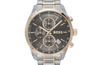 BOSS Grand Prix 44 Qtz Fashion Chrono Grey Round Dial Men’s Watch|Two Tone Stainless Steel Material|Silver Color Band – 1514252