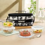 Borosil Nostalgia Union Lunchbox | 4pc Round (240ml x 2 + 400ml x 2) Container Set | Made in India Borosilicate Glass Tiffin | Microwave & Dishwasher Safe Lunch Box for Office, College & School