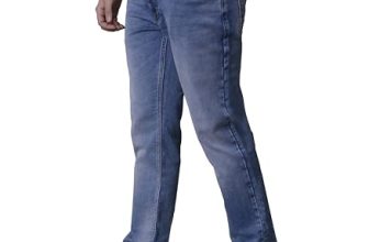 i’sol Menâ’S Stylish Straight Relaxed Fit Cotton Blend Stretchable Jeans Light Blue, Mid Rise, 32