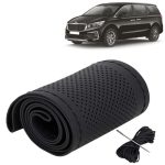 KINGSWAY® PU Leatherite Car Steering Cover Sewable Compatible with Kia Carnival (Year 2020 Onwards), Black Color with Black Thread, Pack of 1 with Sewing Needle and Thread