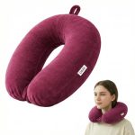 CRAE Travel Neck Pillow for Men & Women | Soft Fibre Cushion for Flight, Car & Train | Soft Velvet Fabric with Attachable Snap Strap | Cervical Support for Neck Pain Relief.Pack of 1(Candy Pink)