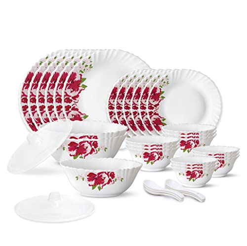 Larah by Borosil 35 Pieces Rose Red Opalware Dinner Set for Family of 6
