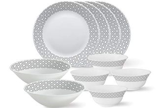 Larah By Borosil – Tiara Series, Black Grey Cone, 10 Pcs, Opalware Floral Dinner Set, White