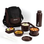 CELLO MF All In One Lunch Box with Bag for Office Use, Brown | 225ml, 375ml, 550ml Microwave Safe Containers, 175ml Salad Box, 500ml Bottle with Fork & Spoon, Airtight Leak Proof Tiffin Box for Travel