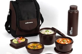 CELLO MF All In One Lunch Box with Bag for Office Use, Brown | 225ml, 375ml, 550ml Microwave Safe Containers, 175ml Salad Box, 500ml Bottle with Fork & Spoon, Airtight Leak Proof Tiffin Box for Travel