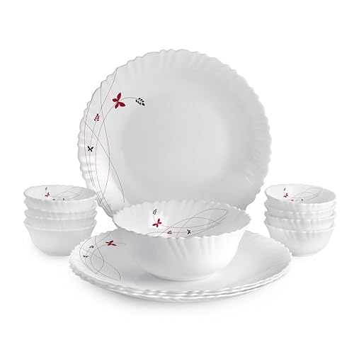 CELLO Lush Fiesta Dazzle Series Opalware Dinner Set of 13 Pieces for Family of 2 | Bone-Ash Free & Leadfree Opal Glass, Microwave & Dishwasher Safe, Plates & Bowls Crockery Set for Dining & Gifting
