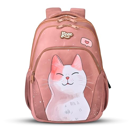 Gear Cutie Cat 17″/27L Large Water Resistant School Bag | Casual Backpack | Daypack | Travel Backpack | Kids Bag for Boys/Girls (Brown – Pink)