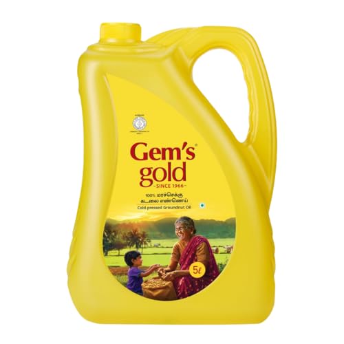 Gem’s Gold Cold Pressed Groundnut Cooking Oil 5 L Can | Peanut Oil | Marachekku, Chemical Free, Kacchi Ghani, Chekku | Support Heart health | Enriched with MUFA & PUFA (OMEGA 6) | Ideal for High Heat Cooking