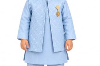 JUGNU JUNIORS Boys Kurta Pajama Set with Embroidered Waistcoat & Brooch, Sky Blue 3 Piece Traditional Ethnic Wear Set for 3-6 Months Kids, Indian Festive Outfit for Wedding, Party, Diwali & Eid