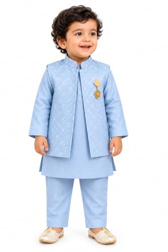 JUGNU JUNIORS Boys Kurta Pajama Set with Embroidered Waistcoat & Brooch, Sky Blue 3 Piece Traditional Ethnic Wear Set for 3-6 Months Kids, Indian Festive Outfit for Wedding, Party, Diwali & Eid