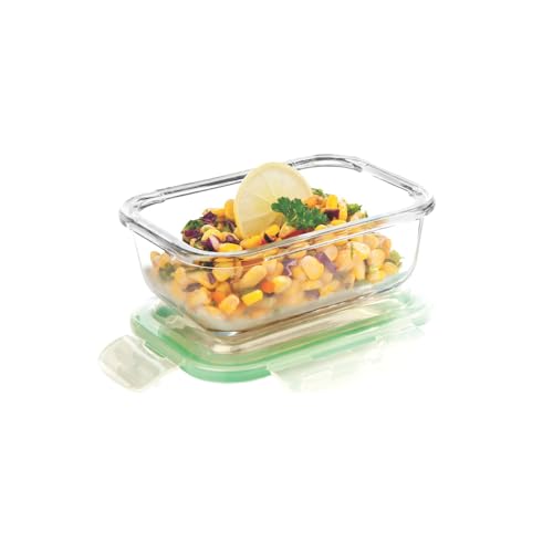 SIGNORA WARE Borosilicate Glass Rectangular Container with Lid, 370ml, Clear, Microwave & Freezer Safe, Airtight & Leakproof for Kitchen Use, Lunch Box & Reheating Leftovers