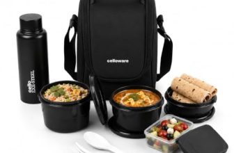 CELLO MF All In One Lunch Box with Bag for Office Use, Black | 225ml, 375ml, 550ml Microwave Safe Containers, 175ml Salad Box, 500ml Bottle with Fork & Spoon, Airtight Leak Proof Tiffin Box for Travel