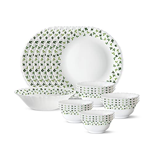 Larah by Borosil 19 Pieces Sage Opalware Dinner Set for Family of 6 | Microwave & Dishwasher Safe Silk Series Crockery for Dining & Gifting, Bone Ash Free Plates & Bowls