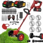 Gras Cuter Machine for Garden, 48V Cordless Machine with 2 Batteries Electric Lawn Trimmer with Wheels, Saw Blades, 6 Metal Blades, Nylon Blades, Safety Glasses & Gloves