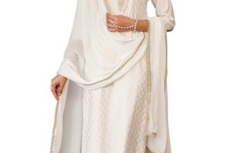 Janasya Women’s Off White Chanderi Silk Gold Zari Yoke Embroidered Straight Kurta Set(JAB25ST02849-M)