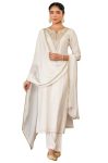 Janasya Women’s Off White Chanderi Silk Gold Zari Yoke Embroidered Straight Kurta Set(JAB25ST02849-M)