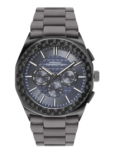 French Connection Textured Blue Round Dial with IP Gun Stainless Steel Metal Strap Multifunction Watch – for Mens FCH27GNM