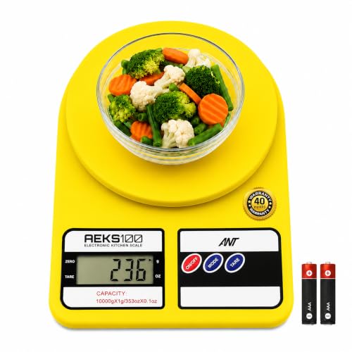 ANT AEKS100 Electronic Kitchen Scale, Yellow | Digital Food Weighing Scale | 10kg Capacity | High Precision Sensor | LCD Display | Tare Function | Multi-Unit (g/oz) | 40 Months Warranty |Yellow|