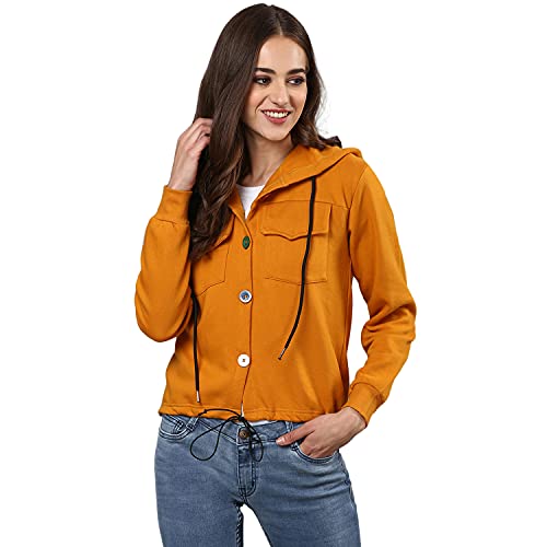 Campus Sutra Women’s Mustard Yellow Solid Regular Fit Zipper Sweatshirt with Hoodie for Winter Wear | Full Sleeve | Cotton Sweatshirt | Casual Sweatshirt for Woman | Stylish Sweatshirt for Women
