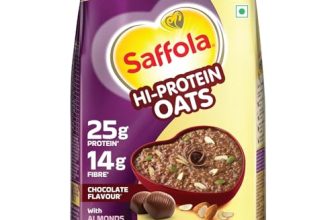 Saffola 25g High Protein Oats | 14g Fibre | 1kg | No Refined Sugar | With Almonds, Raisin, Pumpkin and Chia Seeds | Rolled Oats for Weight management & Muscle gain | Chocolate flavour