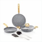 Amazon Basics Granite Finish Non Stick 5 Pcs Induction Base Cookware Set-Granito Grey (24cm Fry Pan, 24 cm Kadai, 28cm Tawa and 2 Nylon Spatulas)