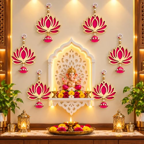 Lotus Hanging for Decoration | Handmade Wall Decor with Jhumki Style | Set of 6 Pink/Rani | Export Quality Lotus Hanging for Home, Temple & Pooja Room | Diwali, Wedding & Festival Decor