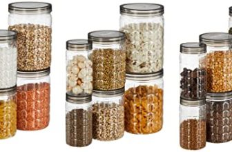 Amazon Brand – Solimo Checkered Jar Container, Set of 18 (6 x 250 ml Each, 6 x 500 ml Each, 6 x 1000 ml Each), Black | Kitchen Organiser | BPA Free | Stackable